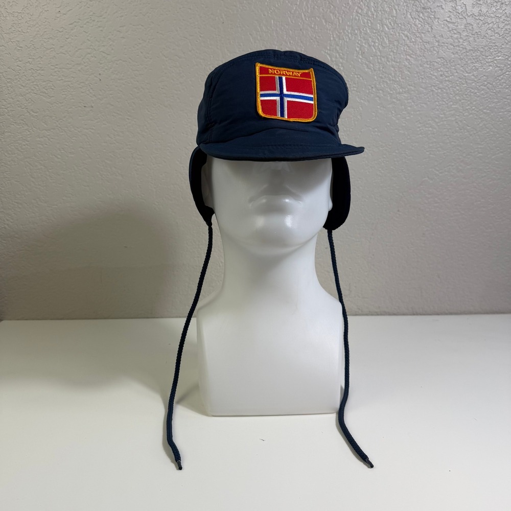 Vintage century 21 promo Norway Flag Trapper Hat Navy Blue Winter Ear Flap Ski